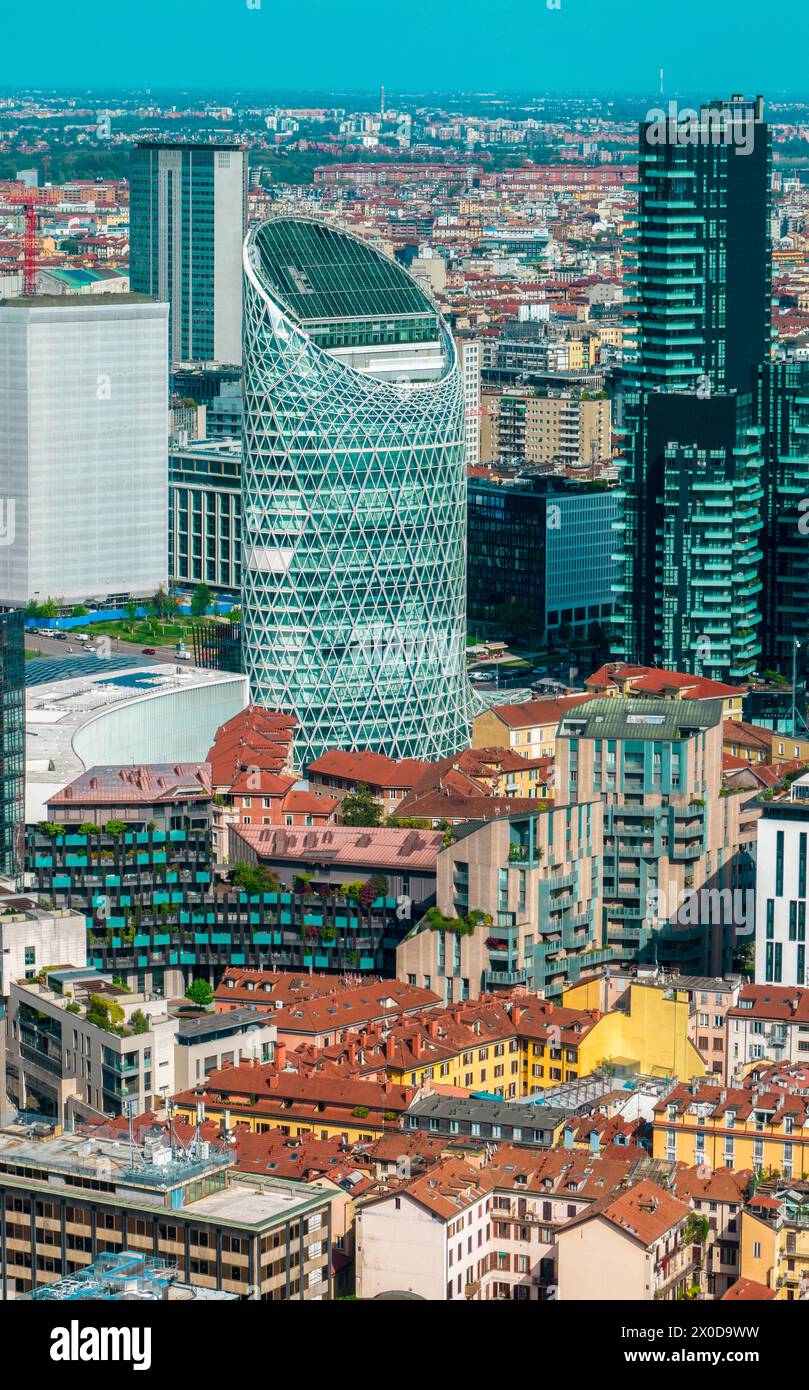 Aerial view of the skyscrapers and buildings close Piazza Gae Aulenti. Unipol tower, Solaria Tower, 04-11-2024. Milan, Italy. Design of buildings Stock Photo