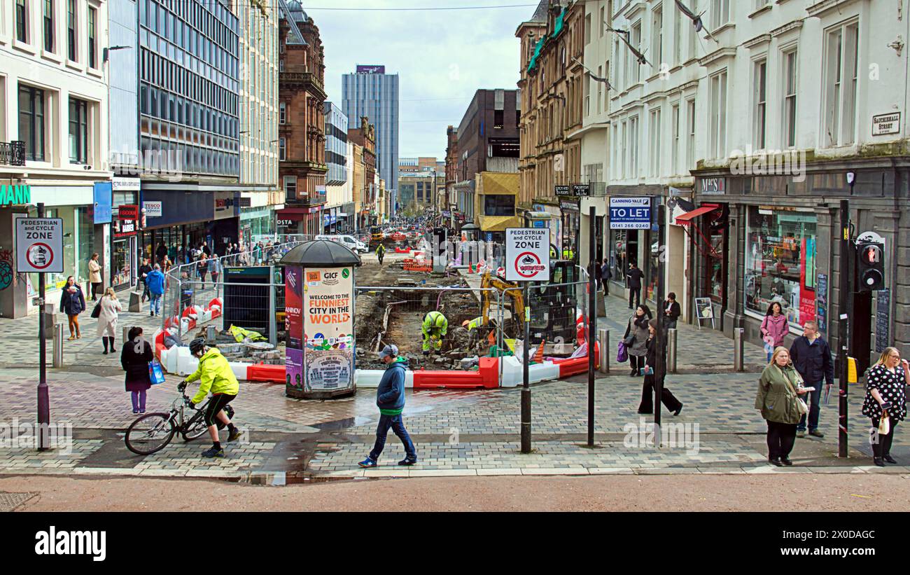 Glasgow, Scotland, UK. 11h April, 2024: UK Weather:  Sauchiehall street undergoing controversial renovation disaster looking like a bomb site Sunny and warm in the city. Credit Gerard Ferry/Alamy Live News Stock Photo