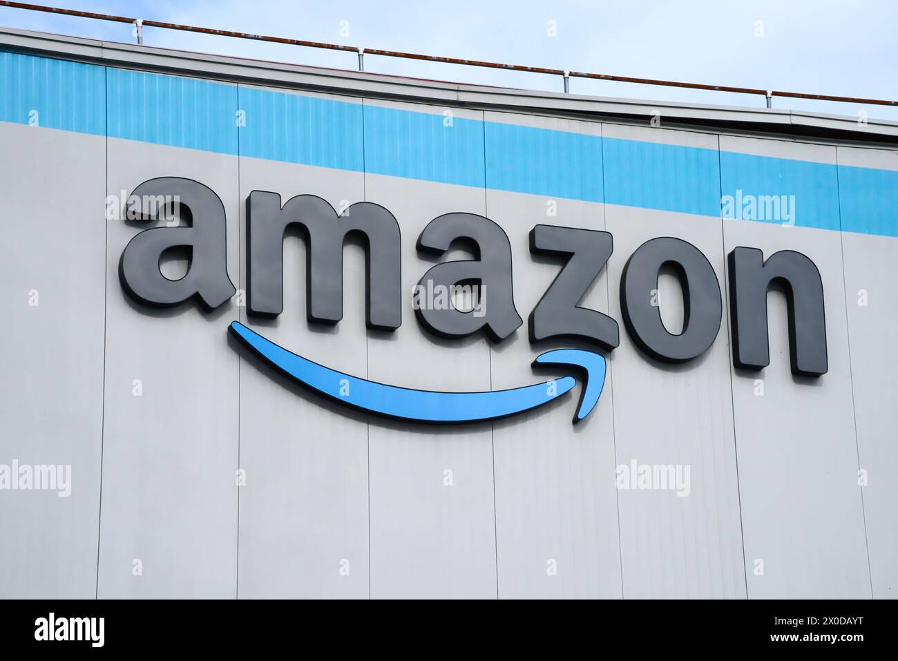 Bronx, NY Oct 22, 2023 Amazon fulfilment center warehouse exterior with logo signage closeup
