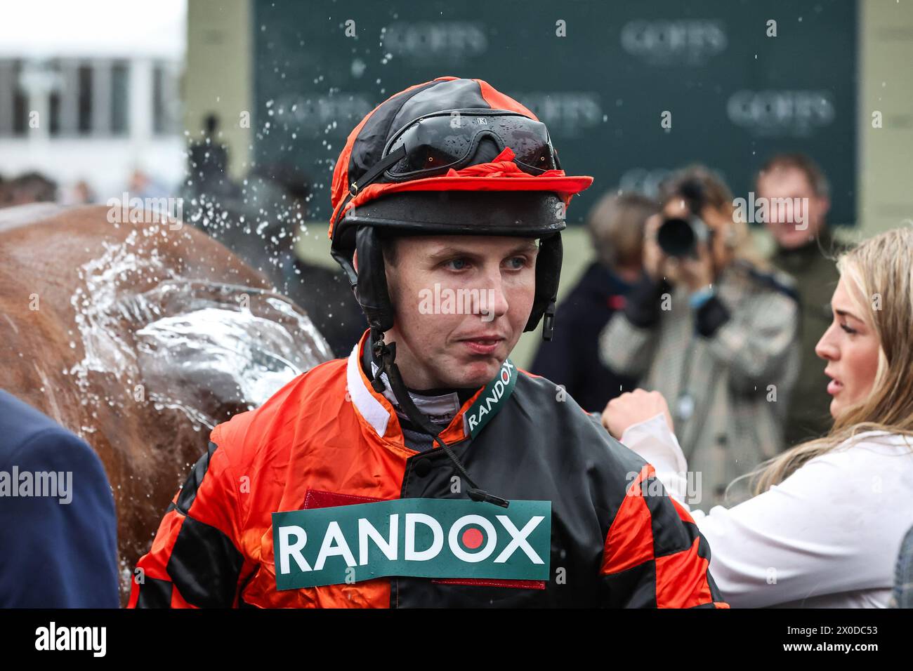 Kielan Woods wins the 5.15pm The Goffs UK Nickel Coin Mares’ Standard Open NH Flat (Grade 2) during the Randox Grand National 2024 Opening Day at Aintree Racecourse, Liverpool, United Kingdom, 11th April 2024  (Photo by Mark Cosgrove/News Images) Stock Photo