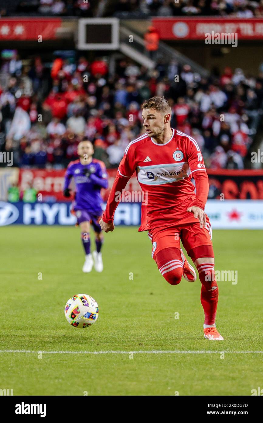 Hugo Cuypers #9 of Chicago Fire FC looking to pass in Chicago, IL Stock Photo