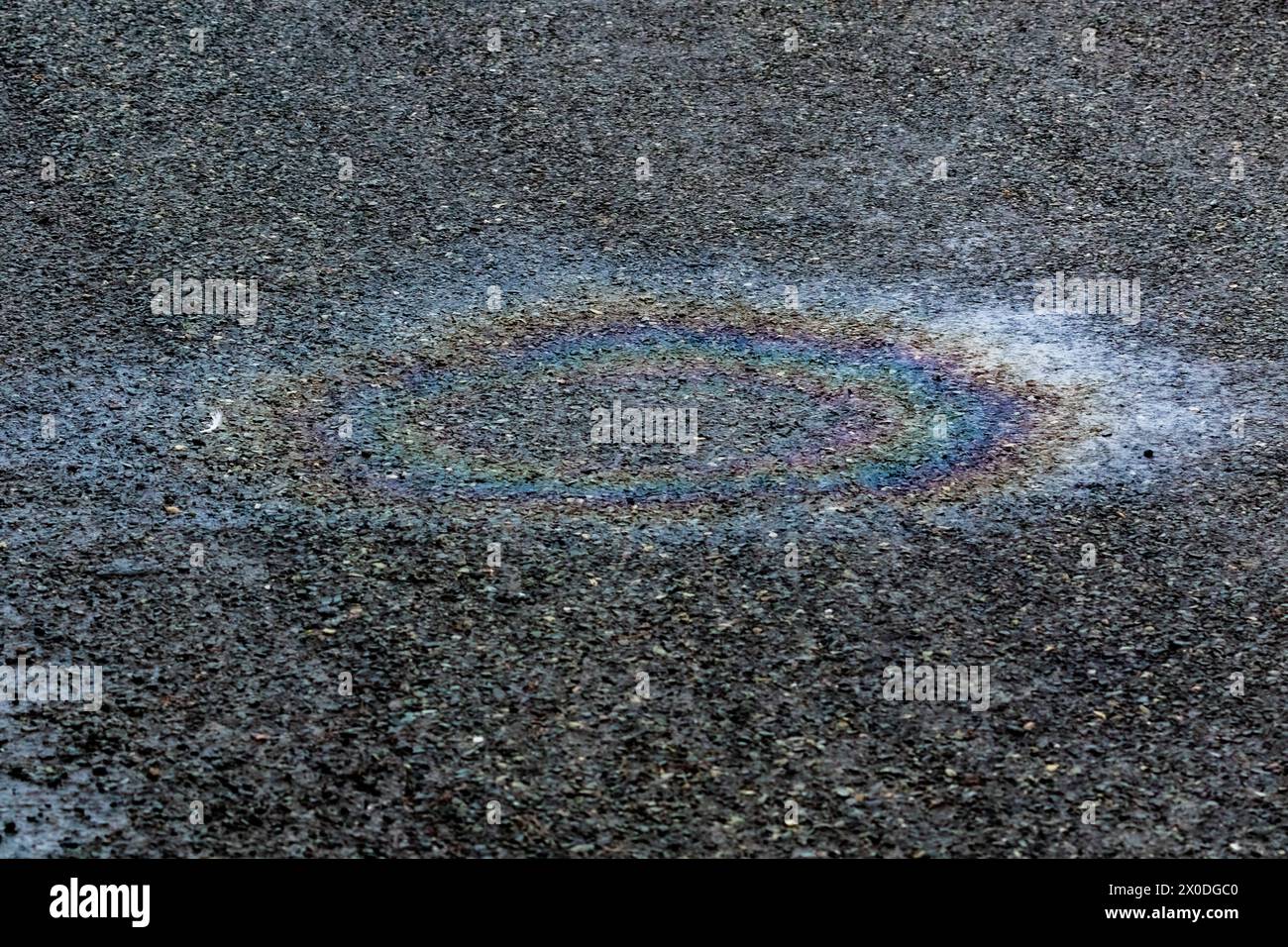 An oil patch on a tarmac road. The oil spillage creates an oil rainbow when light is reflected off it. Stock Photo