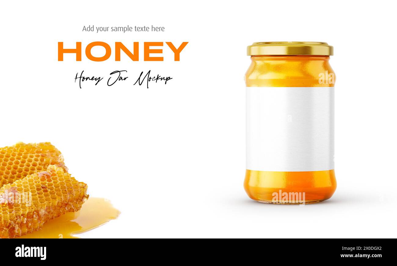 Clear Glass Honey Jar Mockup for Packaging Label 3D Rendering on Isolated Background Stock Photo