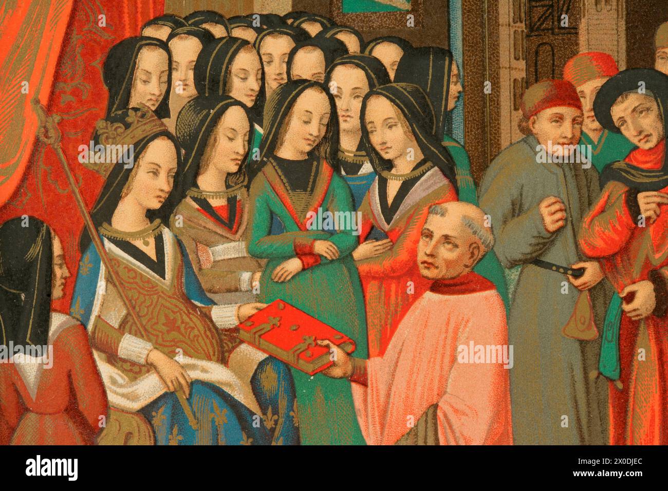 Marie of Anjou (1404-1463). Queen consort of France (1422-1461). The Court of Ladies of Marie of Anjou, wife of Charles VII. His chaplain, the scholar Robert Blondel, presents to her the allegorical treatise of the Twelve Perils of Hell which he composed for her, 1455. Chromolithography from a miniature of that book. Detail. 'Moeurs, usages et costumes au moyen-âge et à l'époque de la Renaissance', by Paul Lacroix. Paris, 1878. Stock Photo