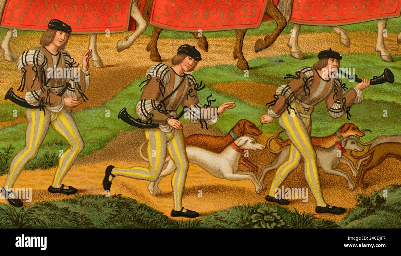Hunting Renaissance Scene Ladies hunting, 15th century. Chromolithography based on a miniature ...