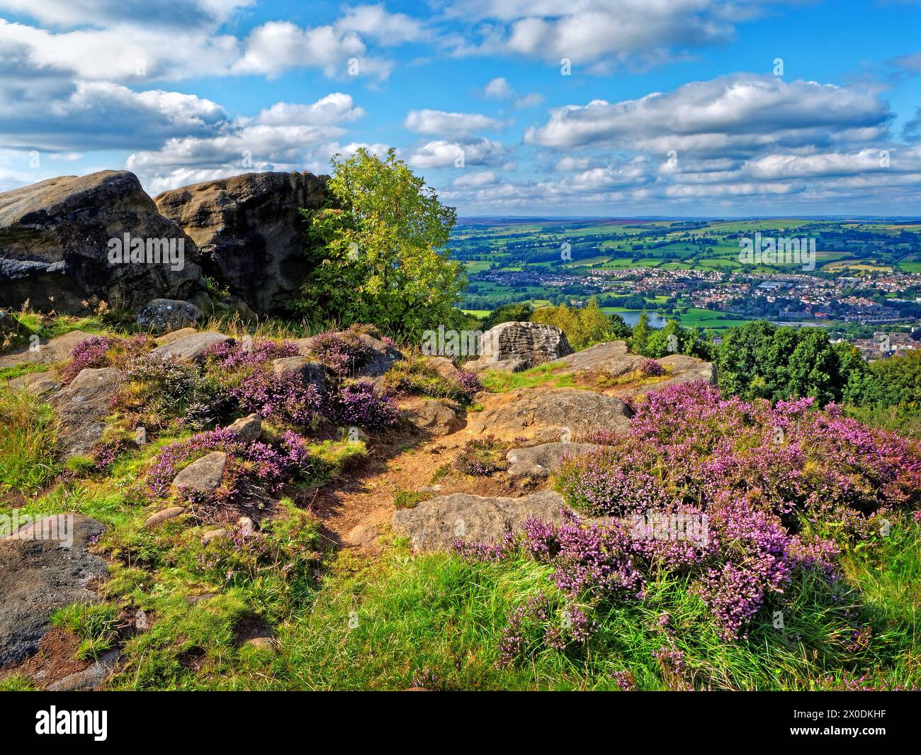 UK, West Yorkshire, Otley, Otley Chevin, Surprise View looking over Otley Town. Stock Photo