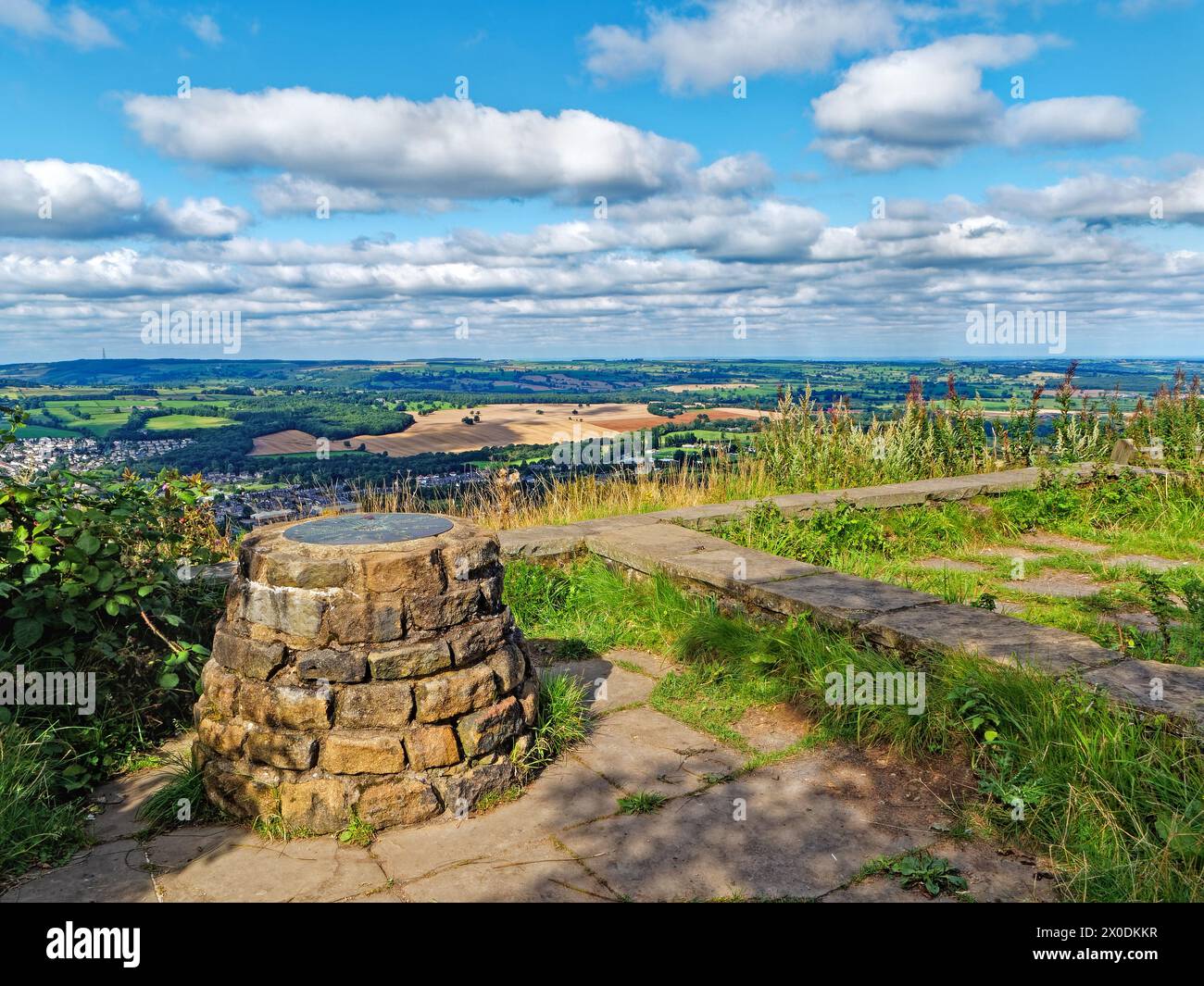 UK, West Yorkshire, Otley, Otley Chevin, Surprise View Toposcope looking over Otley Town. Stock Photo