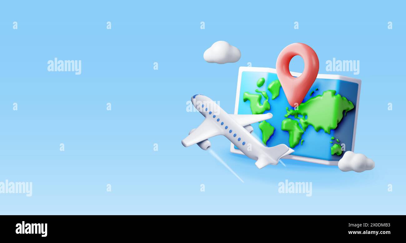 3D airplane in clouds and paper map Stock Vector