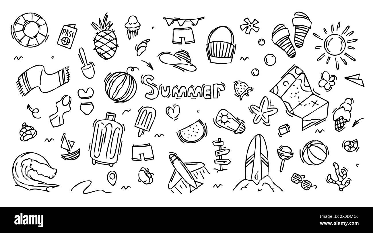 Set of travel doodle hand drawn summer, beach party, vacation and travel doodle elements. Tourism and summer adventure icons. Pictures of travel eleme Stock Photo