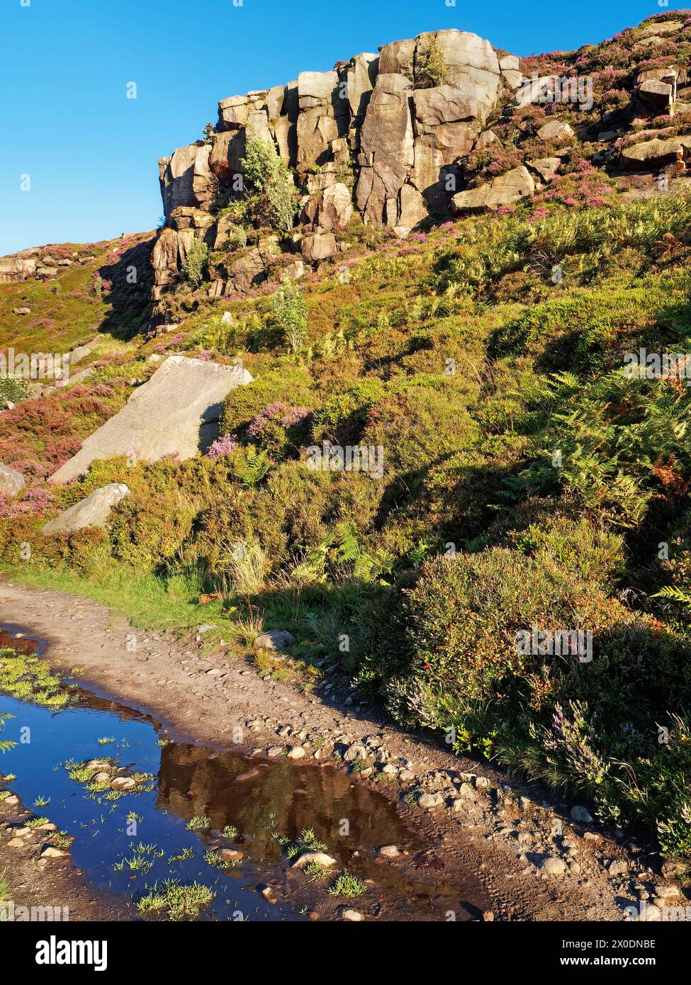 UK, West Yorkshire, Ilkley, Ilkley Moor, Footpath through Rocky Valley and Ilkley Crags. Stock Photo