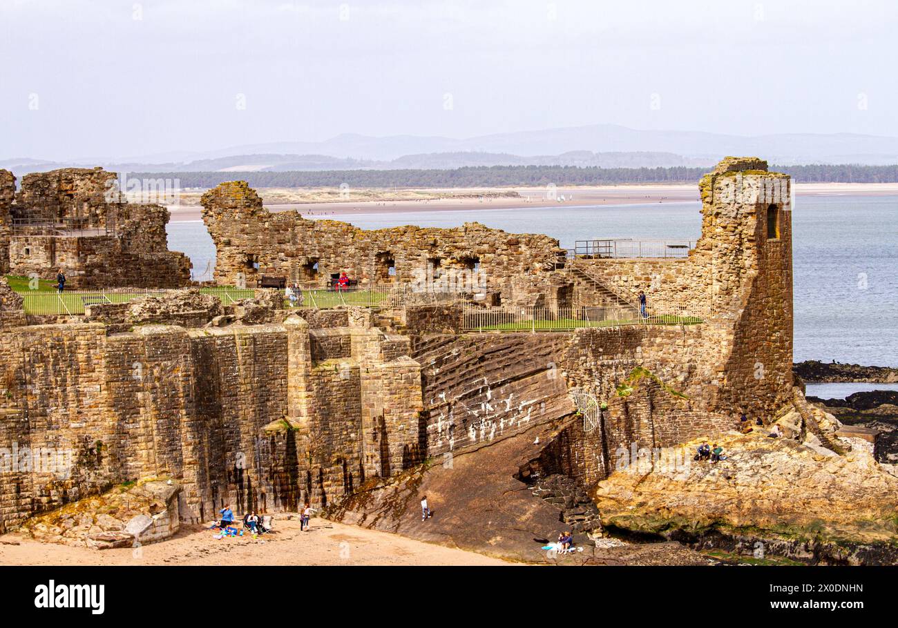 Views of the historic St Andrews 13th Century Castle in the spring sunshine in Fife County, Scotland Stock Photo