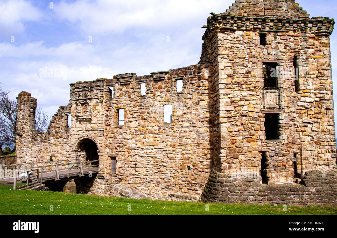 Views of the historic St Andrews 13th Century Castle in the spring sunshine in Fife County, Scotland Stock Photo