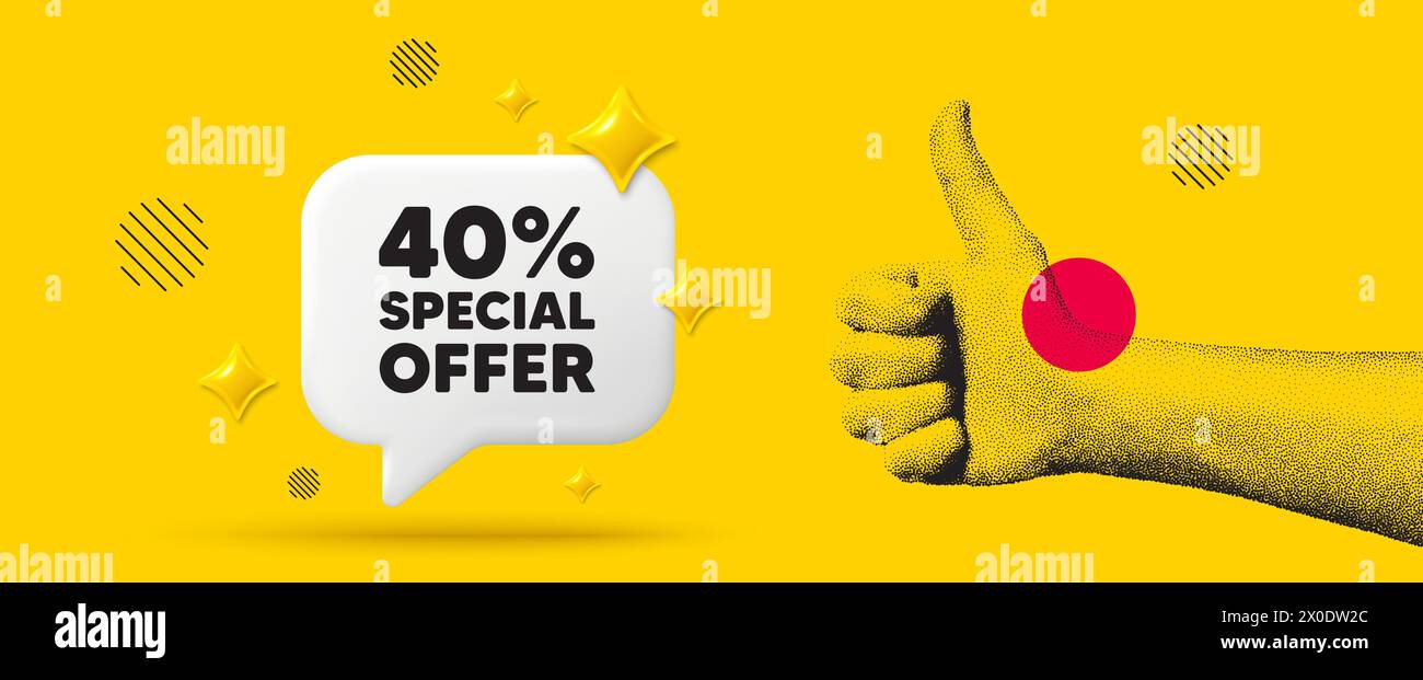 40 percent discount offer. Sale price promo sign. Hand showing thumb up ...