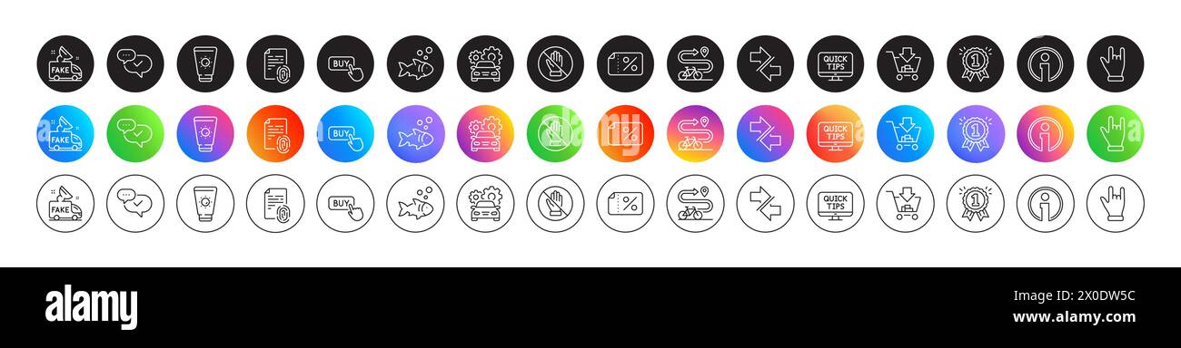 Sunscreen, Car service and Fish line icons. For web app, printing. Round icon buttons. Vector Stock Vector