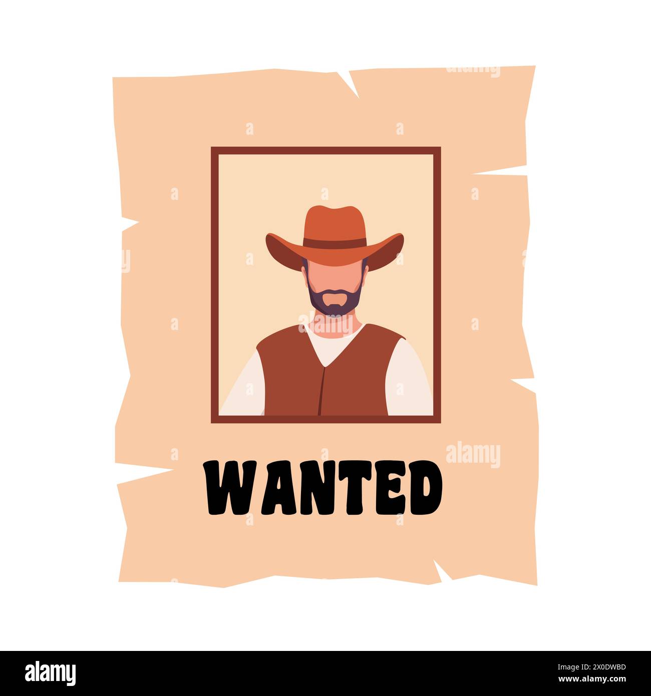 Vintage wild west wanted poster with old paper texture. Vintage wanted poster with description of revard when apprehending criminal and cowboy photo i Stock Vector