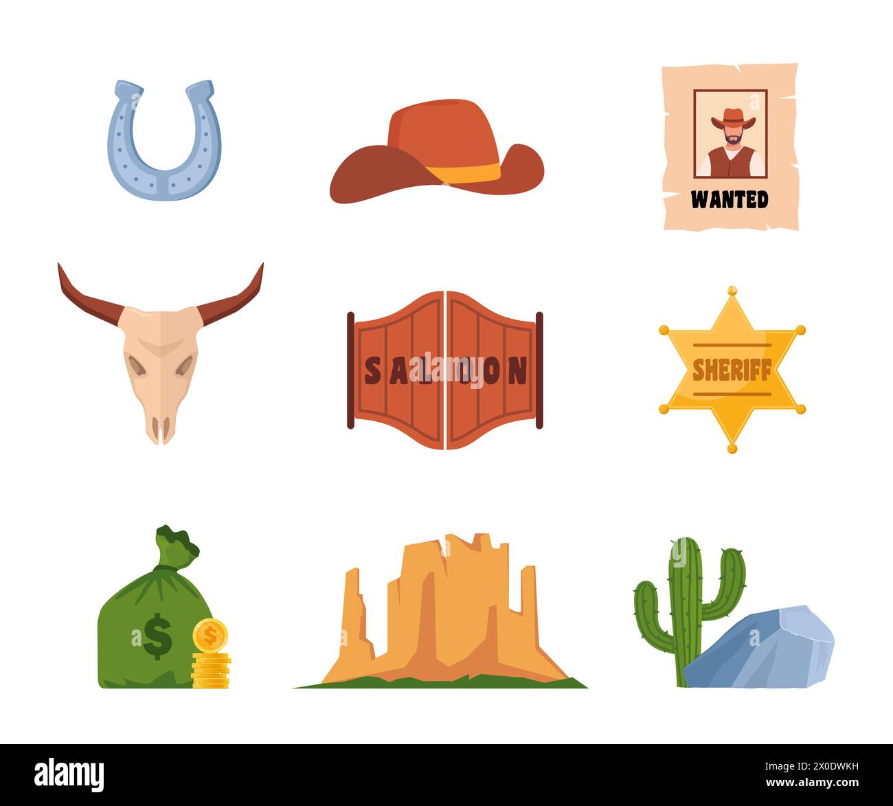 Wild West icons, set. Western and cowboy elements. Signboard, saloon door, wanted poster, sheriff badge, cactus, cow skull, cowboy hat, revolver, wago Stock Vector