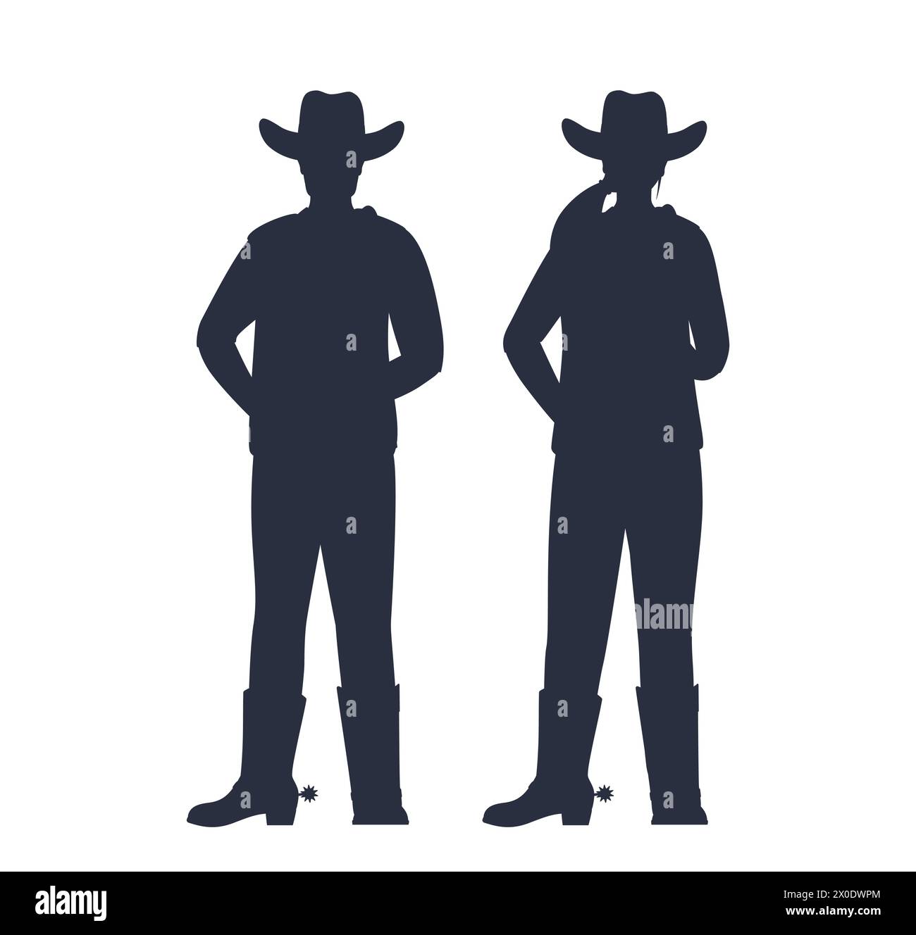 Man and woman cowboys in hat standing, black silhouette. American characters from wild west