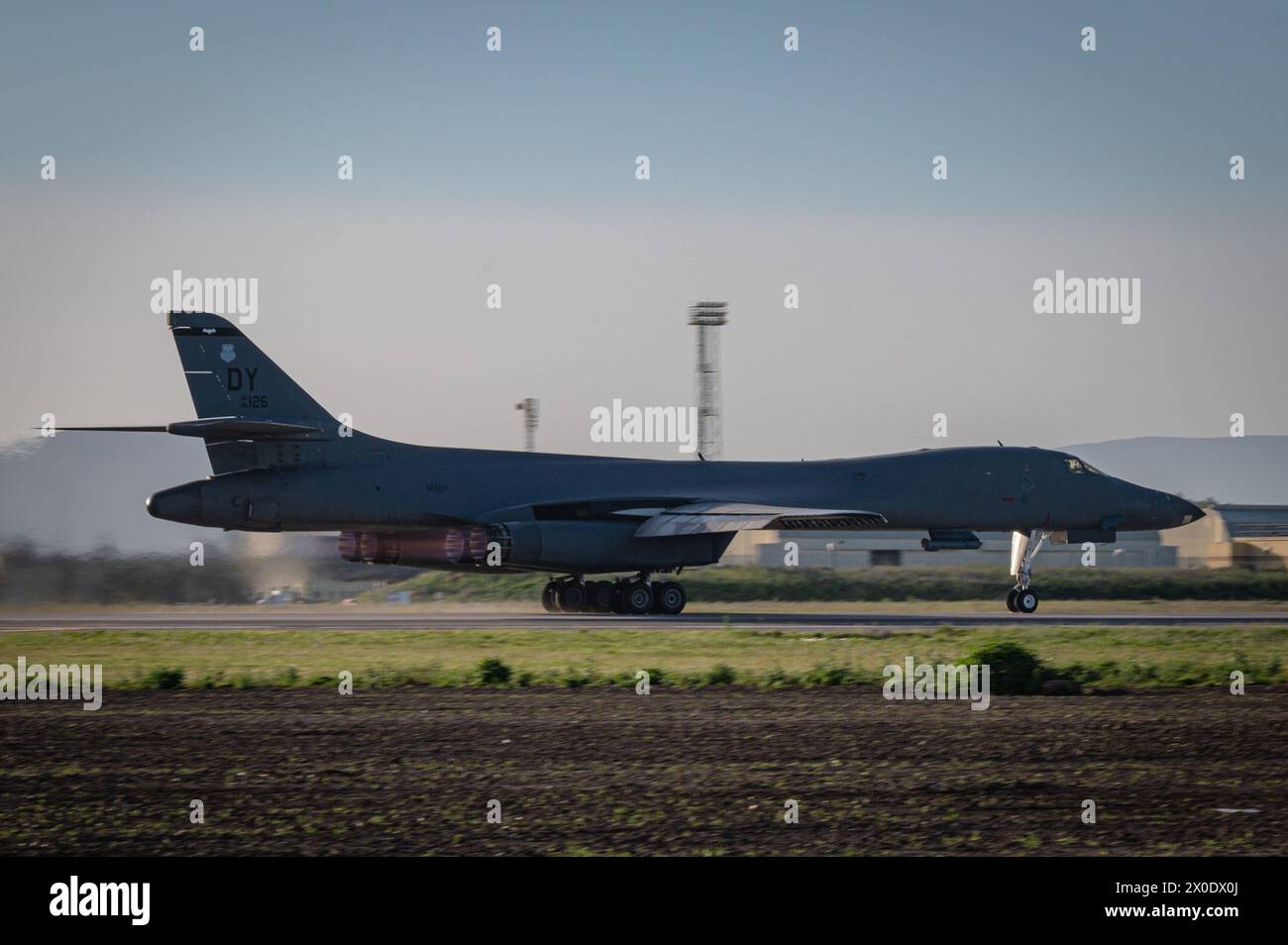 A B-1B Lancer with the 9th Expeditionary Bomb Squadron from Dyess Air Force Base, Texas, takes off in support of Bomber Task Force Europe Stock Photo