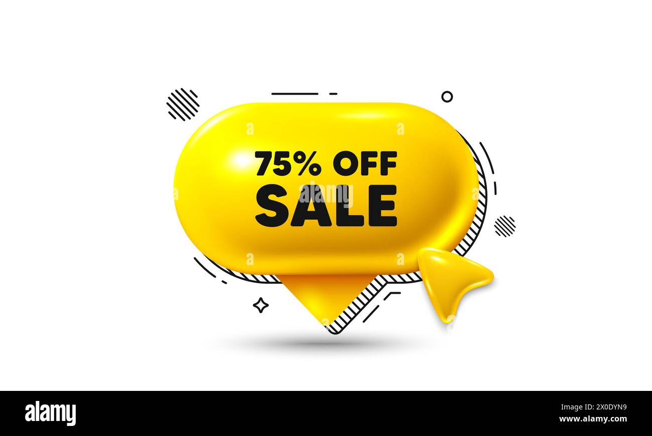Sale 75 percent off discount. Promotion price offer sign. Click here speech bubble 3d icon. Vector Stock Vector