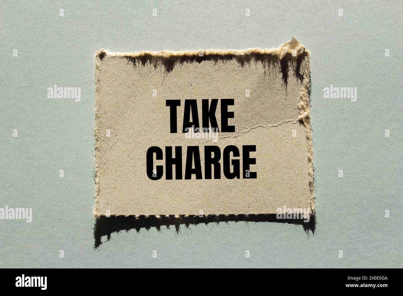 Take charge words written on ripped paper with gray background. Conceptual take charge symbol. Copy space. Stock Photo