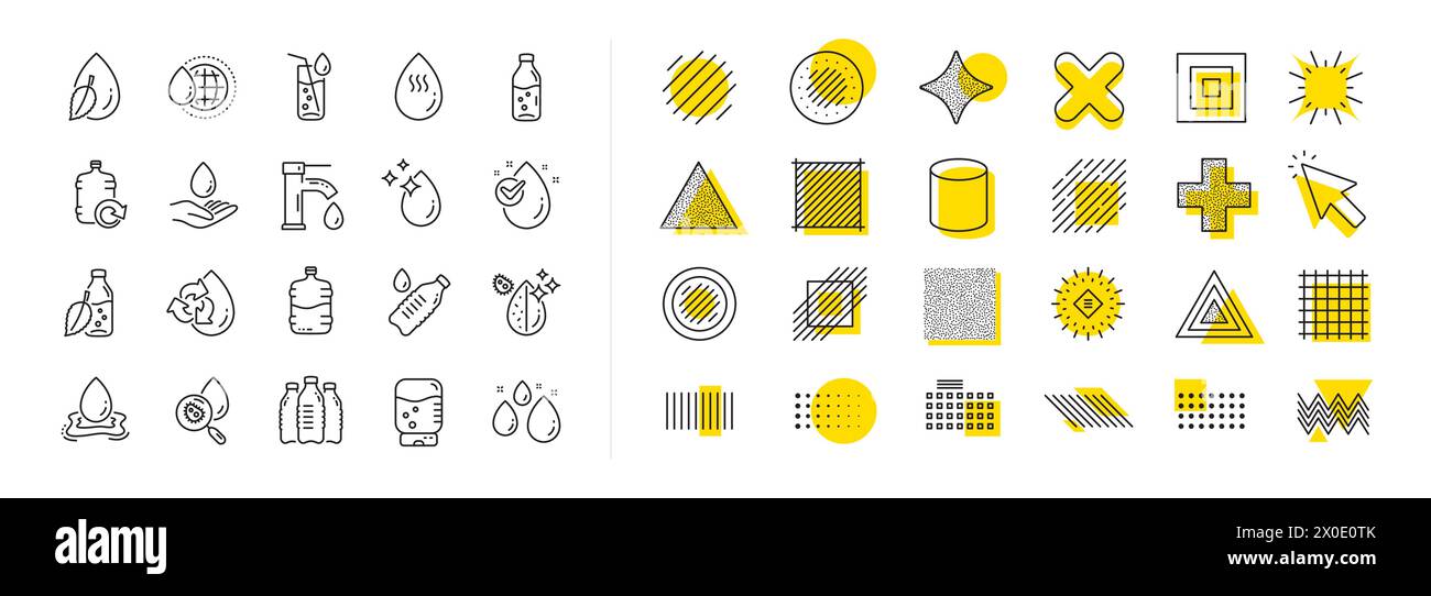 Water drop line icons. Set of Bottle, Antibacterial filter and Tap ...