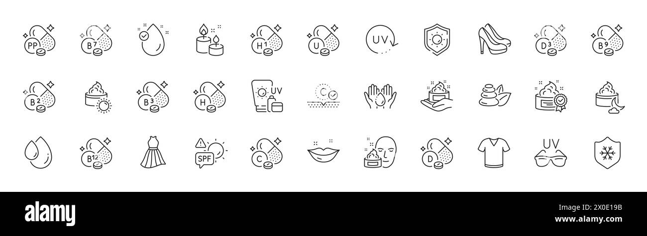 Niacin vitamin, Vitamin e and Uv protection line icons. For web app, printing. Line icons. Vector Stock Vector