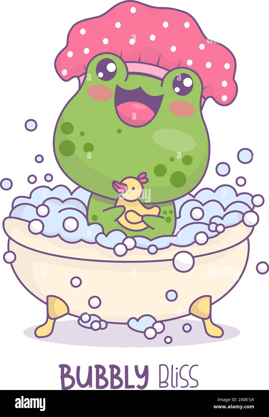 Smiling frog in shower cap bathes in bath with foam and rubber duck toy. Cute cartoon kawaii animal character. Vector illustration. Kids collection. F Stock Vector