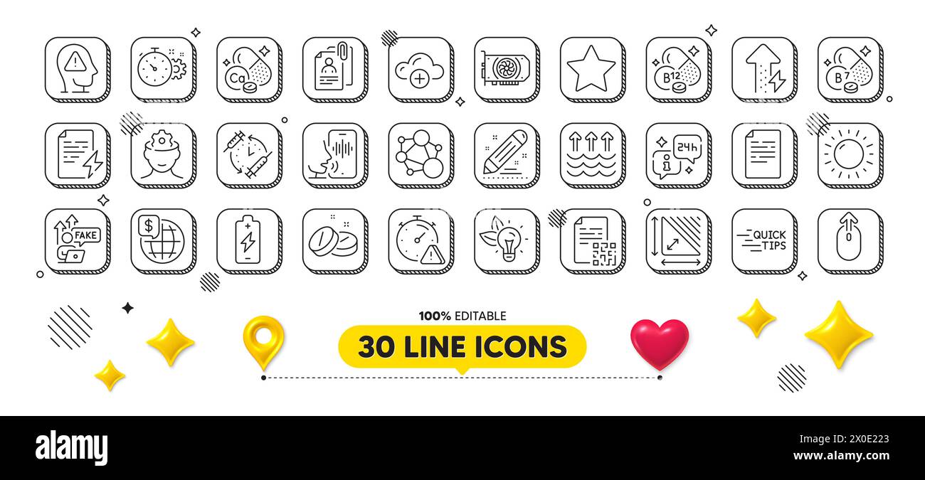 Sunny weather, Gpu and Mental health line icons pack. For web app. 3d ...