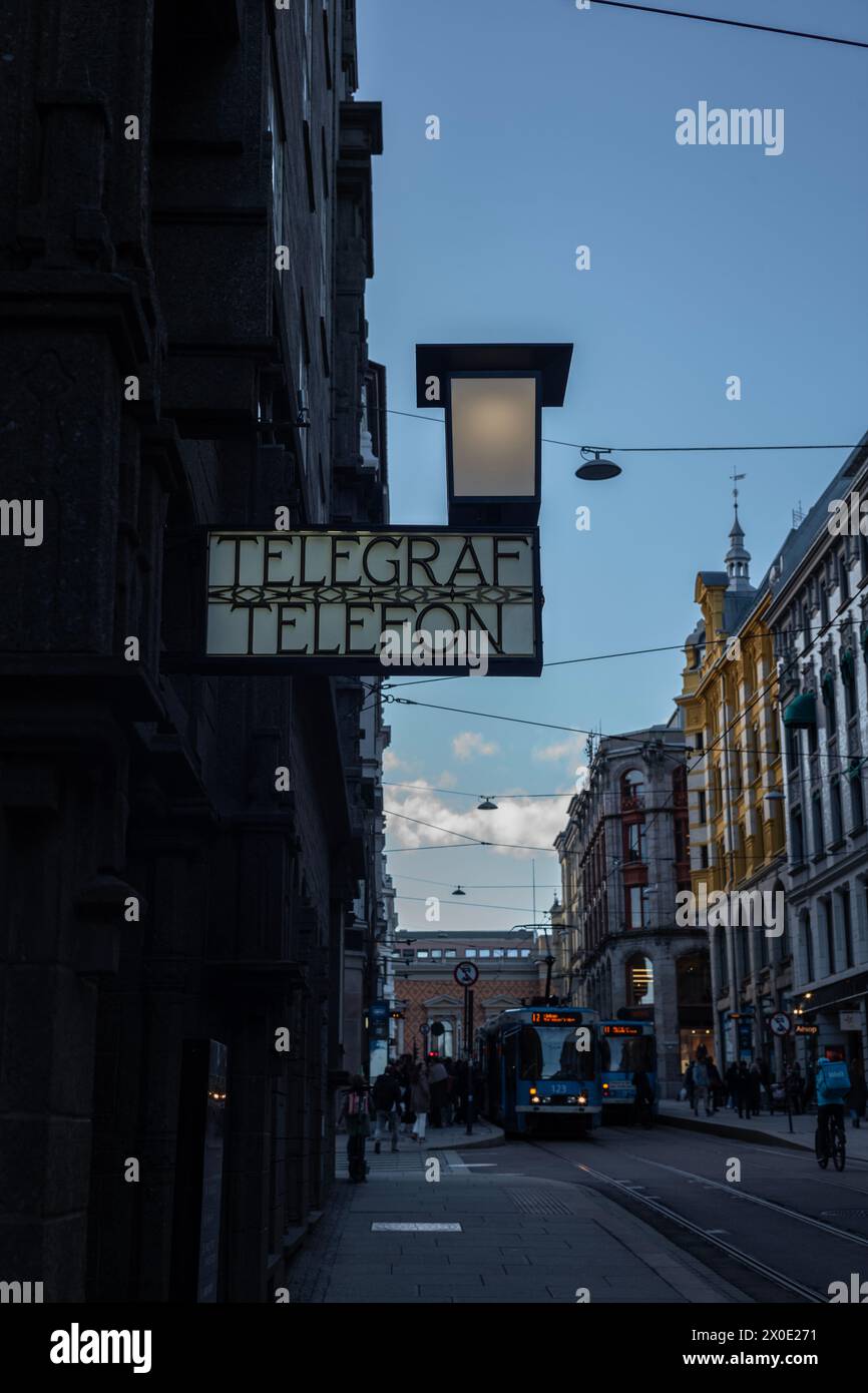 TELEGRAF TELEFON illuminated sign along Prinsens Gate, in the Telekvartalet [Tele Quarter] of Oslo, Norways capital city, Scandinavia Stock Photo