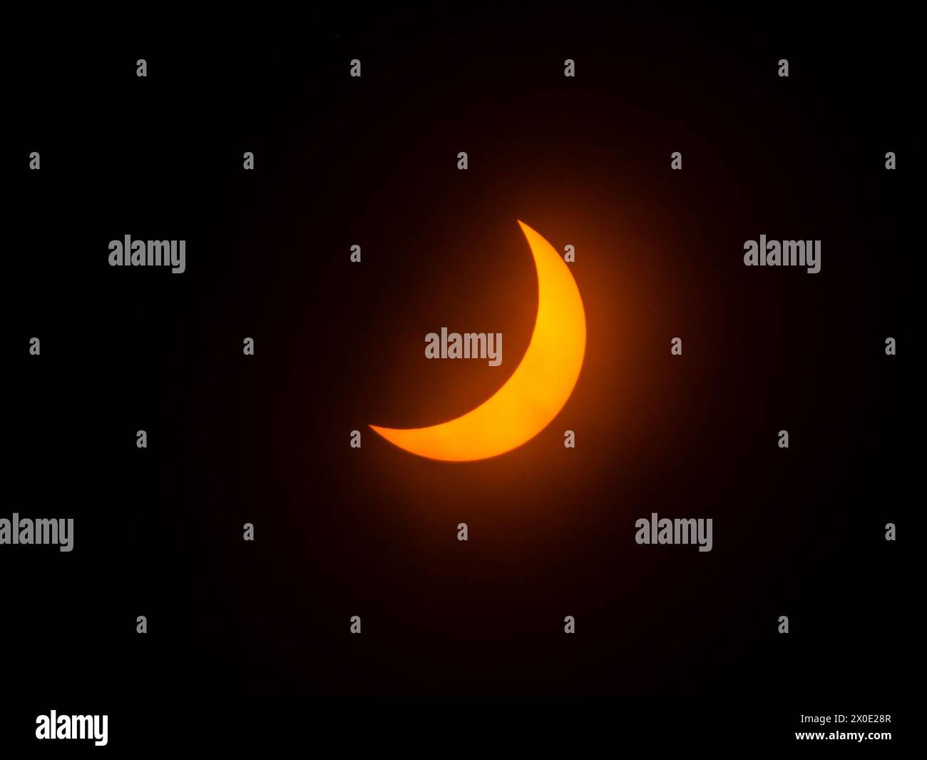 The Solar Eclipse 2025, the sun partially blocked by the Moon. Central