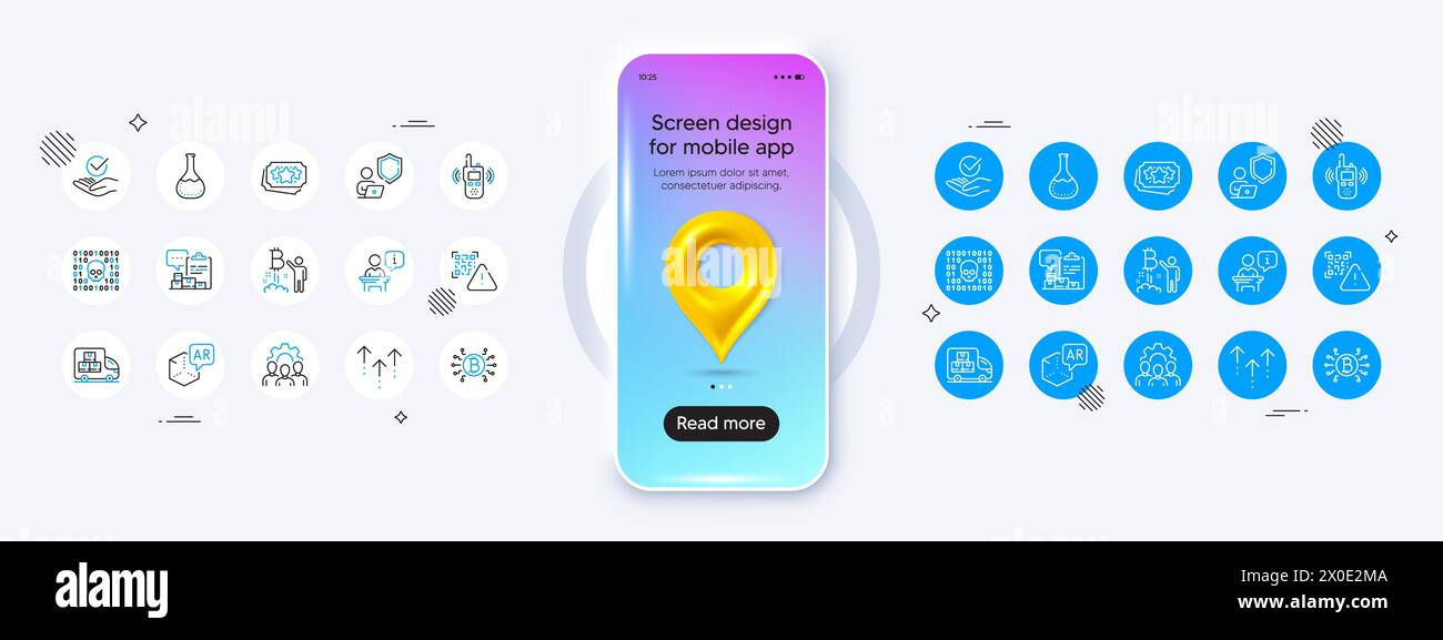 Binary code, Bitcoin project and Team work line icons. For web app, printing. Phone mockup with 3d map pin icon. Vector Stock Vector
