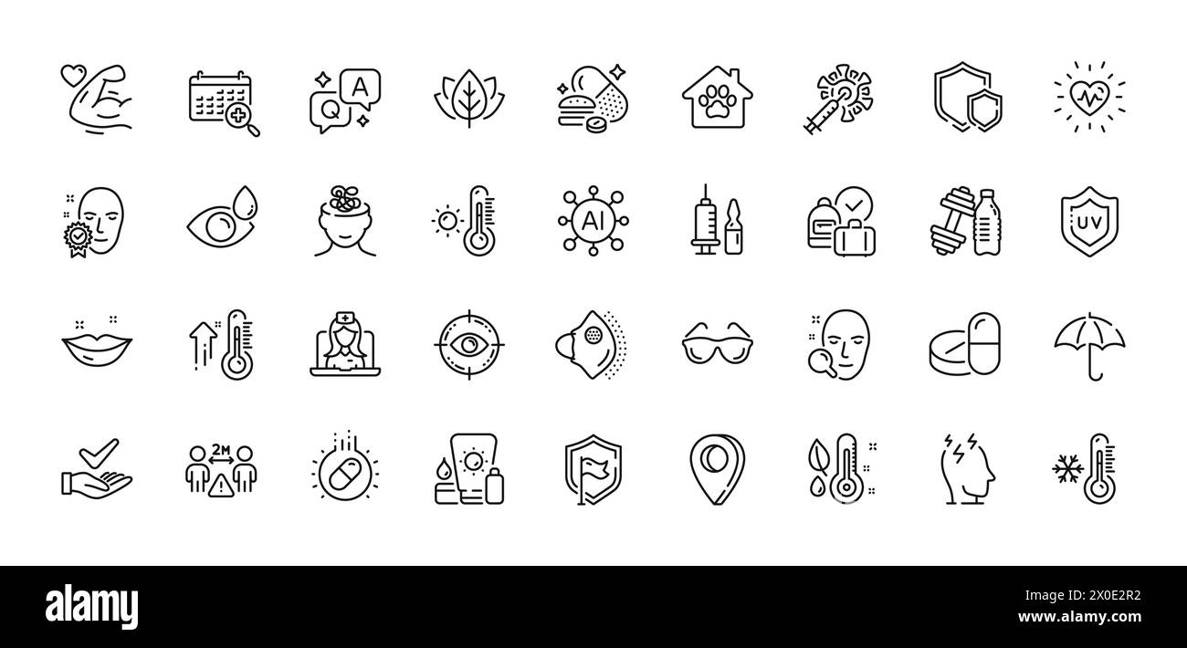 Eye drops, Social distance and Face verified line icons pack. For web ...