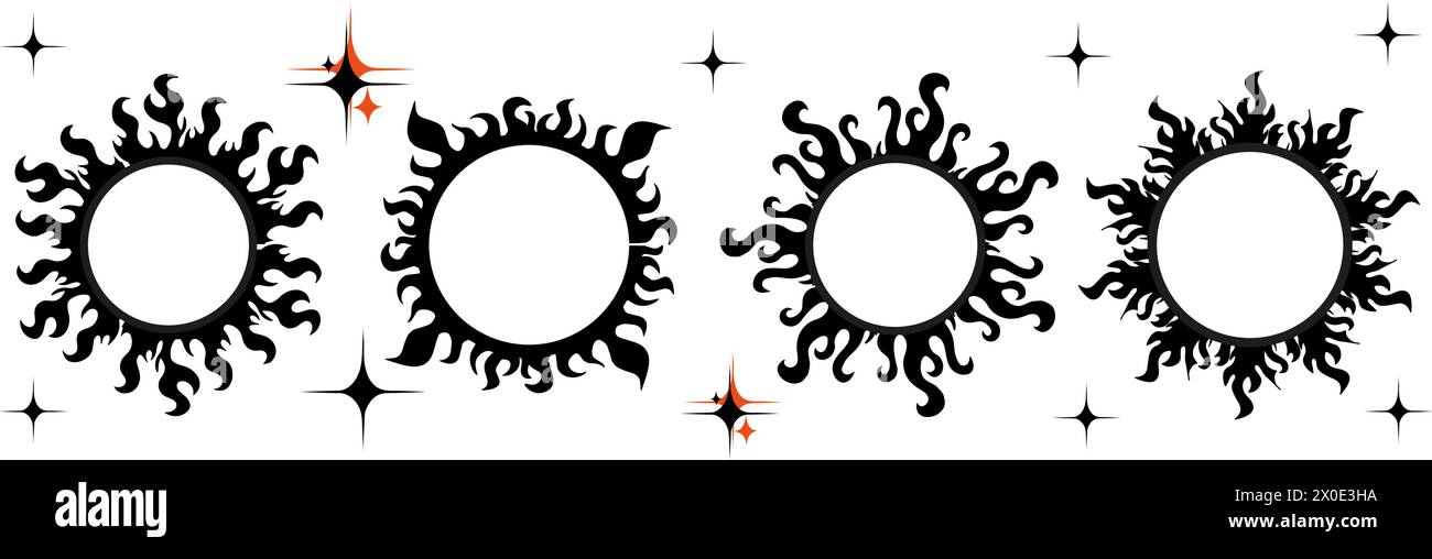 Y2k style flame frame set. Stars, fire, borders. Acid round fantasy border, horror gothic creepy oval. Vector illustration. Stock Vector