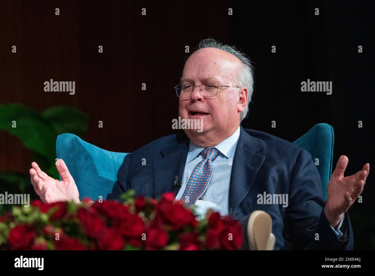 Austin, Tx, USA. 10th Apr, 2024. Former White House Republican strategist and Bush administration staffer KARL ROVE talks politics and journalism with Jennifer Palmieri (hot shown) at the wrap up session of Trust.News.Democracy forum sponsored by the LBJ Library in Austin on April 10, 2024. Rove is now a political pundit and frequent broadcast commentator and writer. (Credit Image: © Bob Daemmrich/ZUMA Press Wire) EDITORIAL USAGE ONLY! Not for Commercial USAGE! Stock Photo