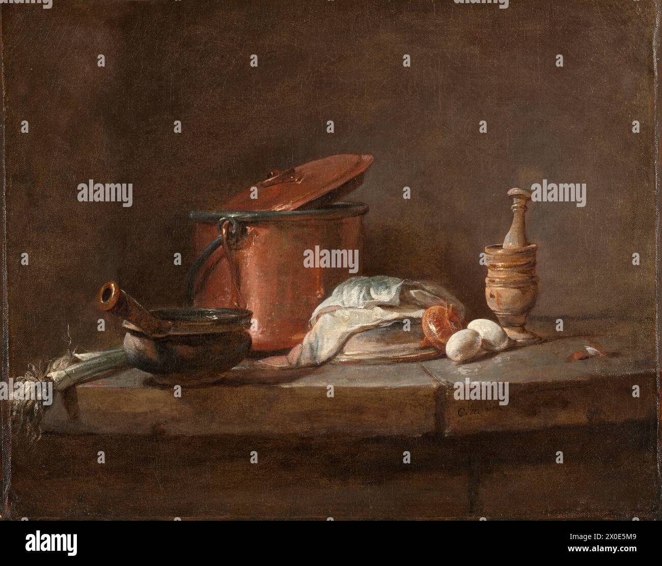 Kitchen Utensils with Leeks, Fish, and Eggs. Jean-Siméon Chardin. c. 1734. Stock Photo