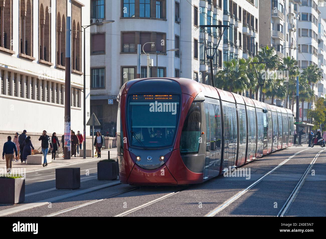 Casablanca, Morocco - January 17 2018: Low-floor tram of the Casablanca Tramway in the city center. Stock Photo