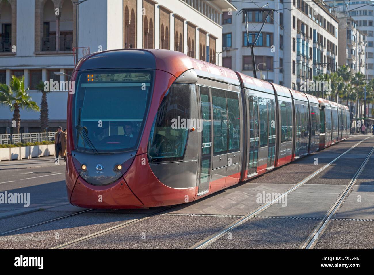 Casablanca, Morocco - January 17 2018: Low-floor tram of the Casablanca Tramway in the city center. Stock Photo