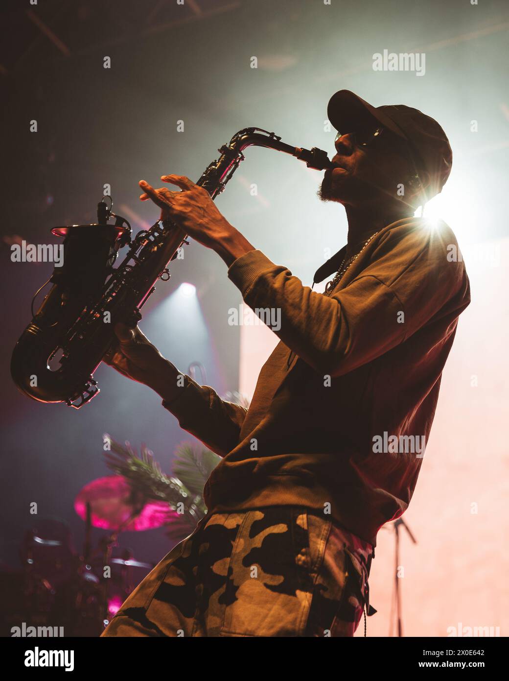 BARCELONA - FEB 6: Masego (Jamaican-American musician and saxophone player) performs on stage at Razzmatazz club on February 6, 2024 in Barcelona, Spa Stock Photo