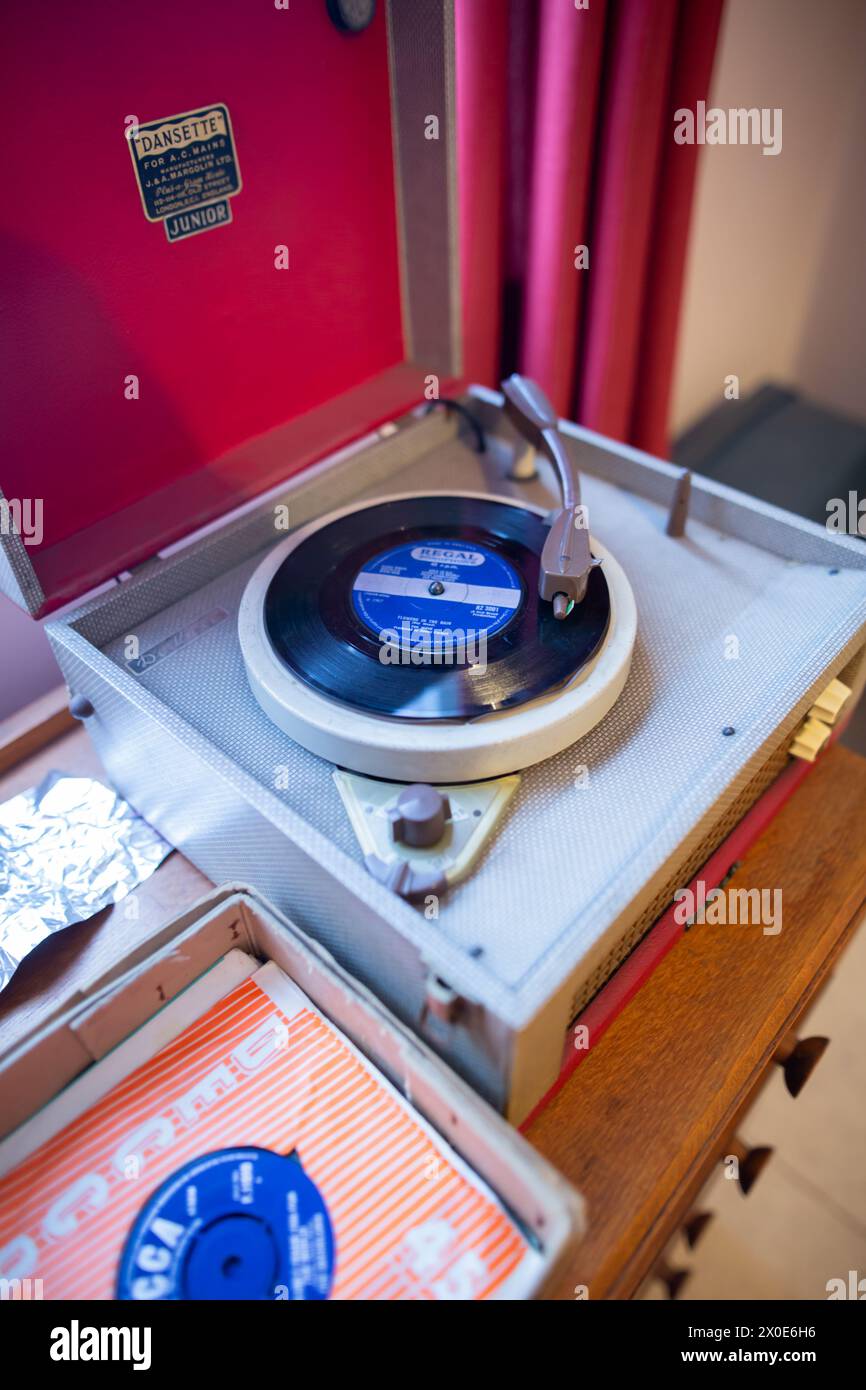 Dansette portable record player with a 45rpm disc Stock Photo Alamy