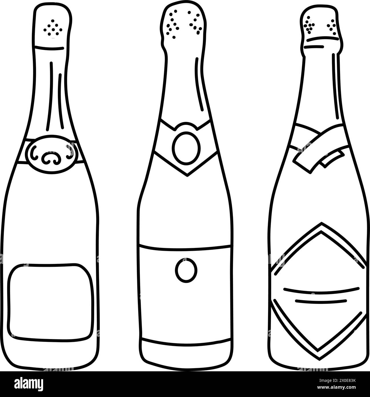 Wine bottle with champagne bottle outline icon. Minimal line design. Vector illustration. Stock Vector