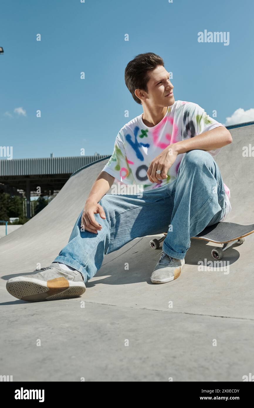 Young skater boy finds his flow as he sits confidently on his ...