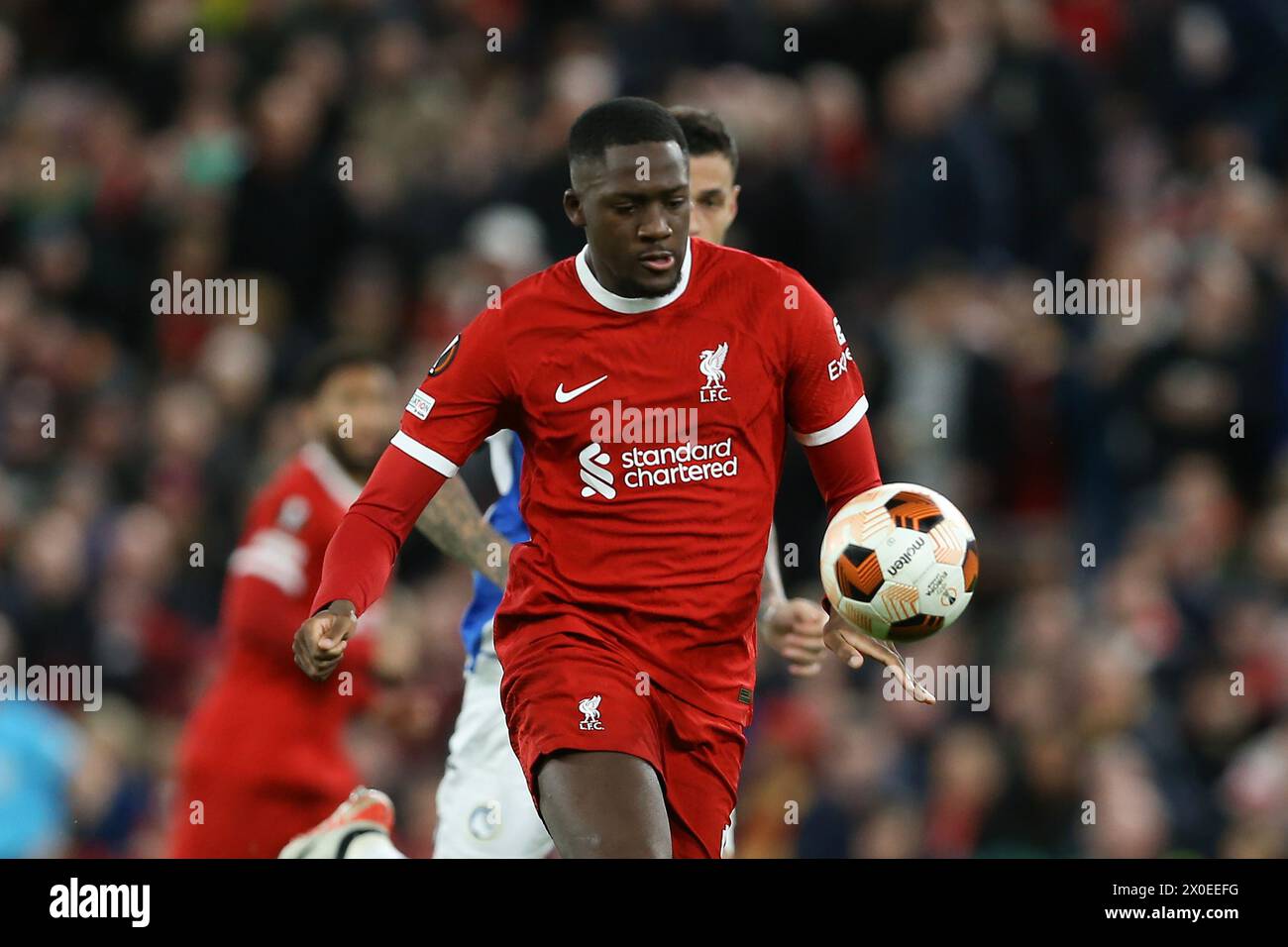 Liverpool, UK. 11th Apr, 2024. Ibrahima Konate of Liverpool in action. UEFA Europa League, Quarter-final 1st leg match, Liverpool v Atalanta at Anfield in Liverpool on Thursday 11th April 2024. this image may only be used for Editorial purposes. Editorial use only. pic by Chris Stading/Andrew Orchard sports photography/Alamy Live news Credit: Andrew Orchard sports photography/Alamy Live News Stock Photo