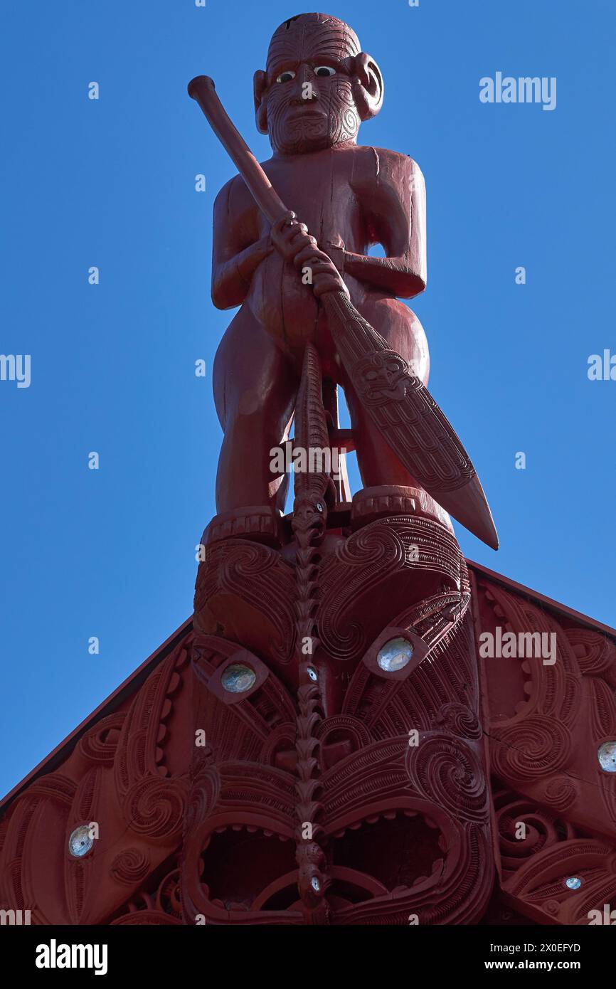 Maori carving on the Waitangi Treaty Grounds meeting house in New Zealand Stock Photo