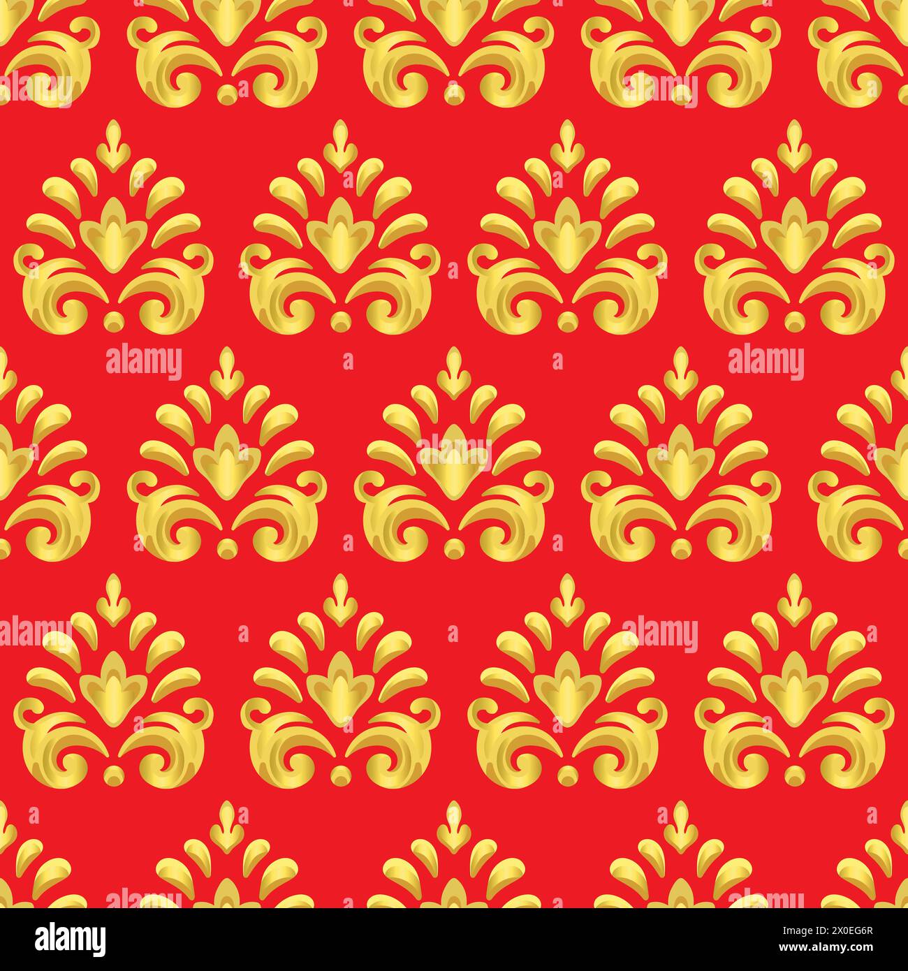 Abstract seamless pattern with decorative ornamental flower in Baroque, Rococo style. Symmetry golden elements on a red background. Vector illustratio Stock Vector