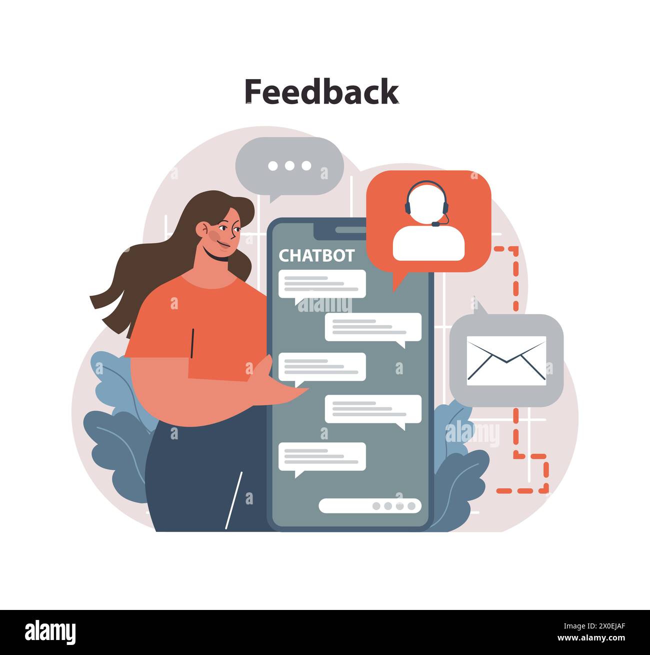 Feedback in digital communication concept. Woman interacts with chatbot while sharing opinions. Efficient customer service meets user experience. Flat vector illustration Stock Vector