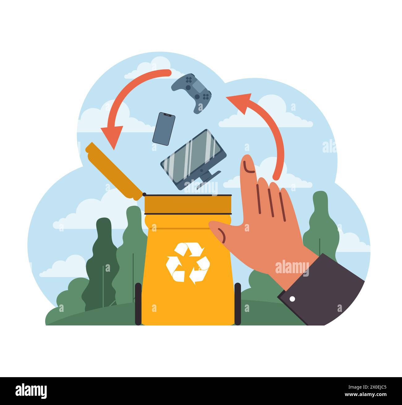 Ewaste recycling initiative. A hand places electronic devices like