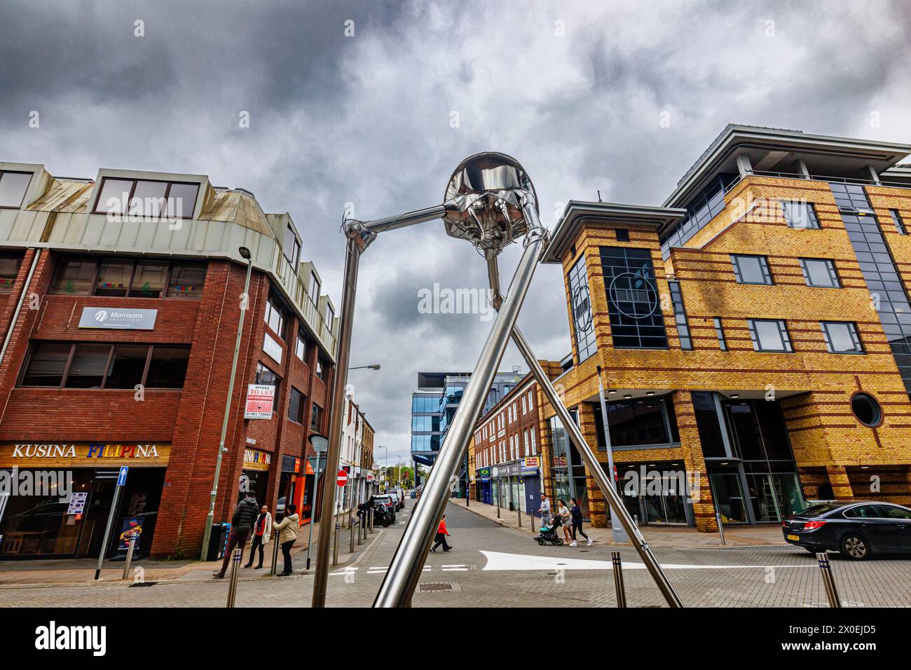 The Martian statue in the town centre of Woking, a town in Surrey, England, from the H G Wells novel 'War of the Worlds' set in nearby Horsell Common Stock Photo