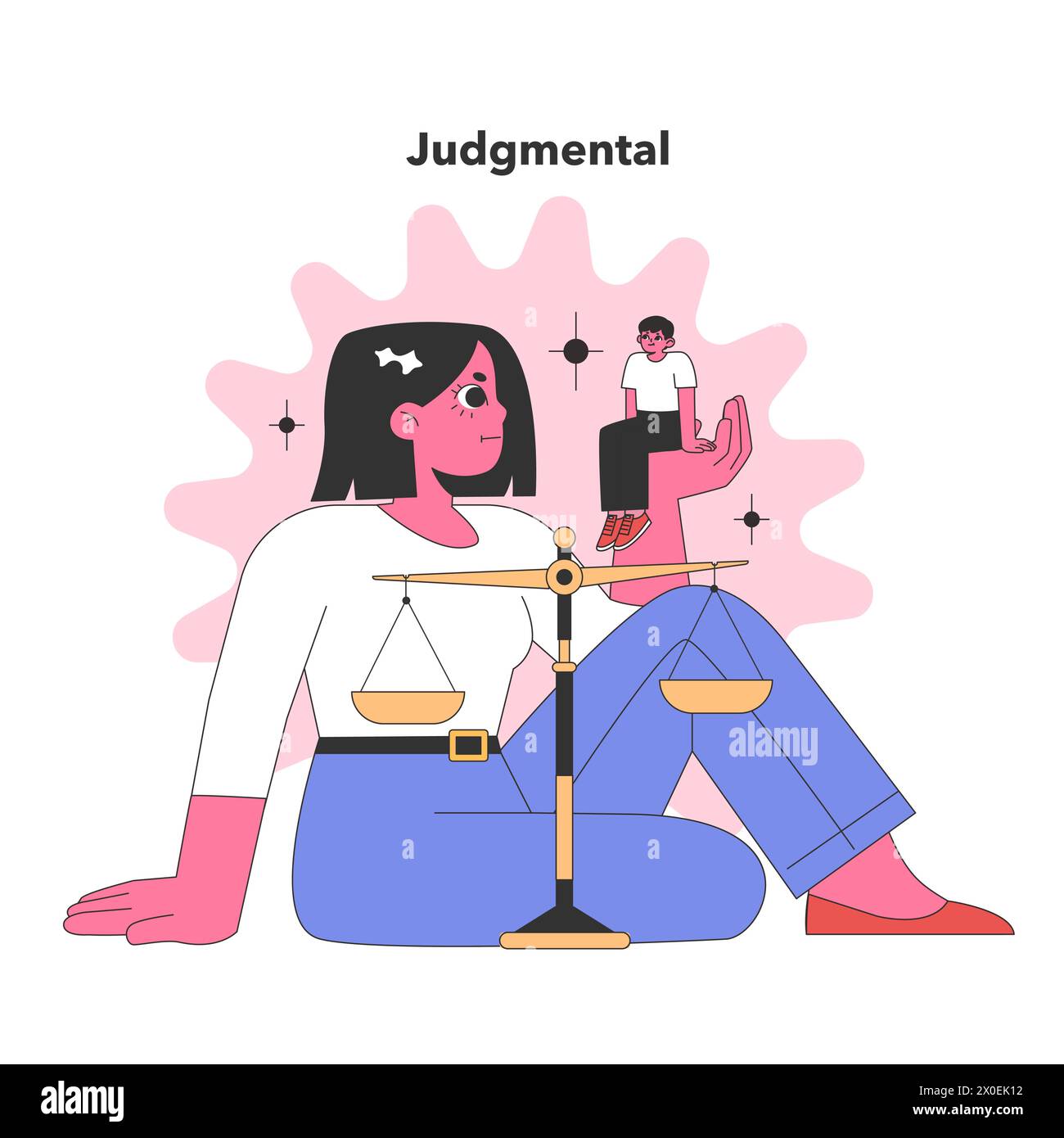 Judgmental Personality trait. A contemplative figure with scales, symbolizing the weighing of opinions and critical judgment. Flat vector illustration. Stock Vector