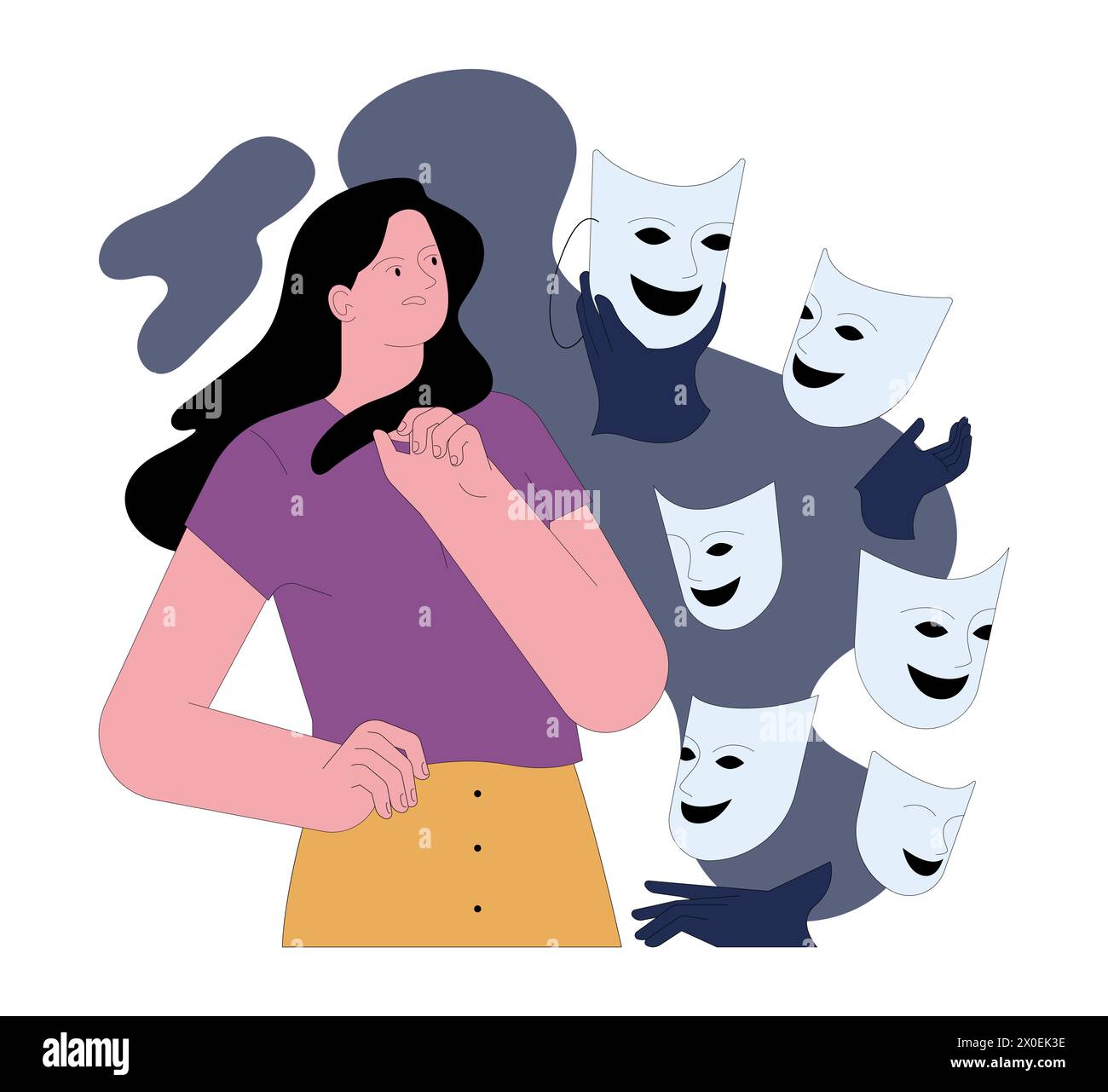 Fear of losing individuality. Frightened contemplative young woman surrounded by identical masks. Struggle to maintain uniqueness among conformity. Flat vector illustration Stock Vector