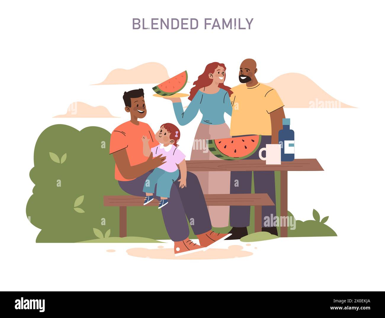 Blended Family concept. Harmonious picnic scene with diverse members enjoying time together. Unity in diversity, joyful moments. Stock Vector